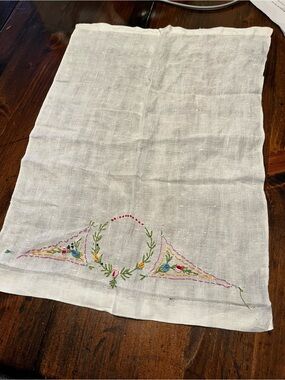 Embroidered Linen Kitchen Towel - Cream with Multicolor Floral Accents